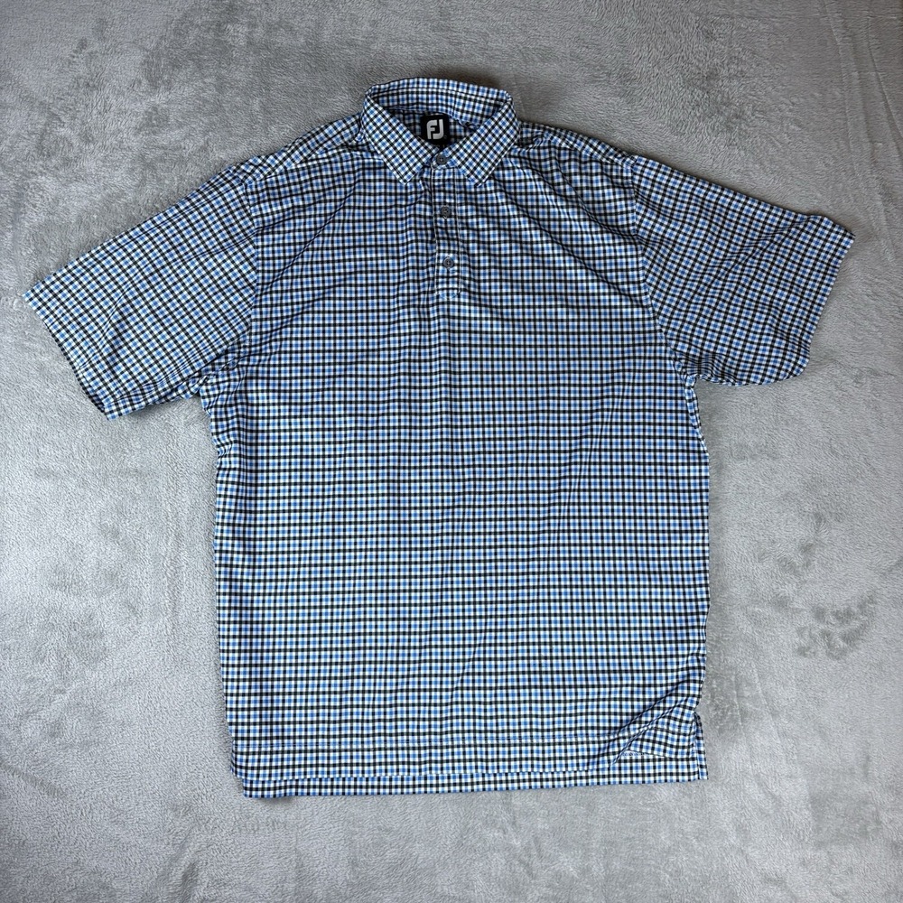 Footjoy Polo‎ Shirt Mens Large Blue Golf Check Plaid Performance Stretch